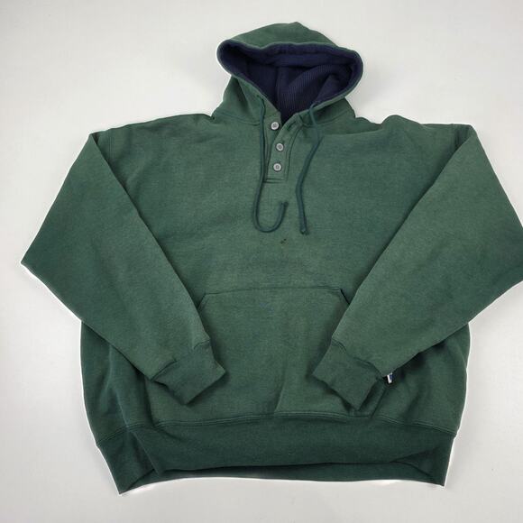 VINTAGE Russell Athletic Hoodie Mens 2XL Green Henley Thermal Lined Made USA 90s - Picture 1 of 12